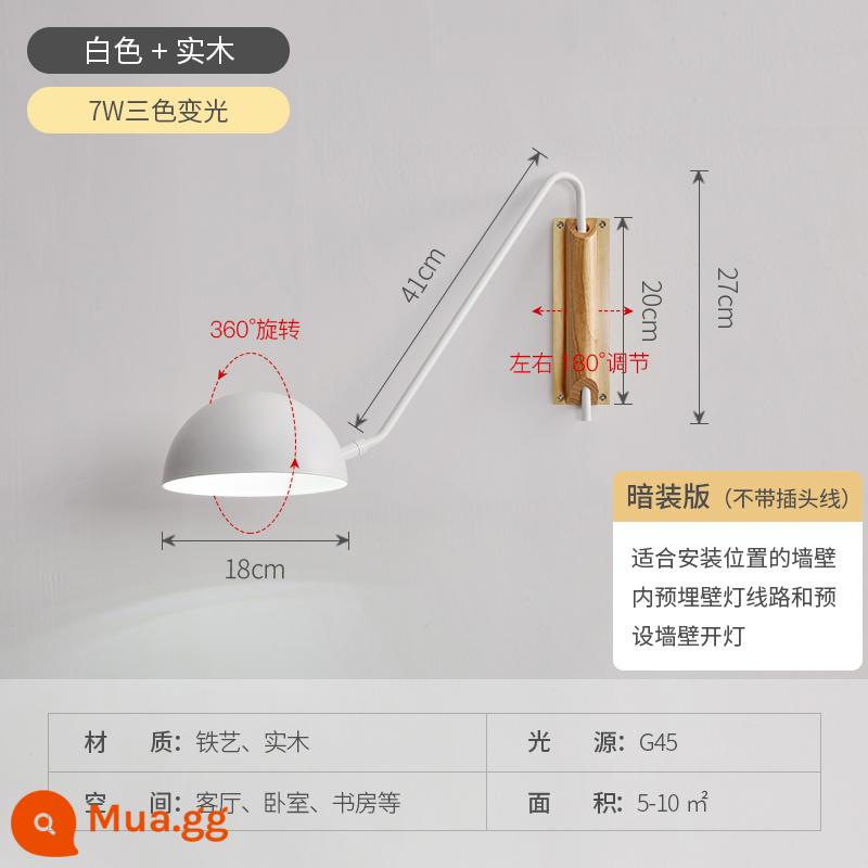 Tối Giản Nhật Bản Đầu Giường Đèn Tường Bắc Âu Hiện Đại Tối Giản Gỗ Phòng Khách Phòng Ngủ Nghiên Cứu Đọc Xoay Đính Đá Đèn - Trắng + gỗ nguyên khối - Đèn ba màu 7 watt (phiên bản giấu) không có dây cắm