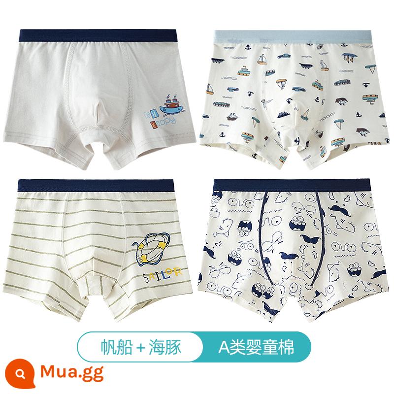 Quần lót trẻ em Langsha bé trai cotton nguyên chất thoáng khí bé trai cotton trung và lớn bé trai quần lót boxer 100%ZL - Thuyền buồm + cá heo