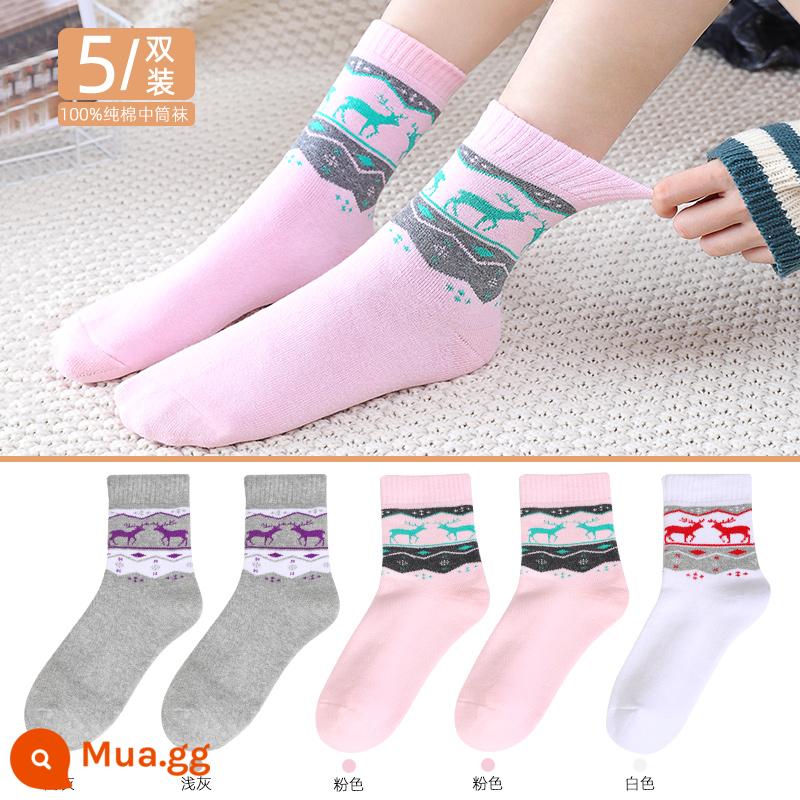 Vớ Langsha nam cotton nguyên chất mùa thu đông dày giữa ống Plus nhung ấm bông tất ống dài khăn sàn tất - Mẫu nữ 3158丨Xám nhạt 2 hồng 2 trắng 1