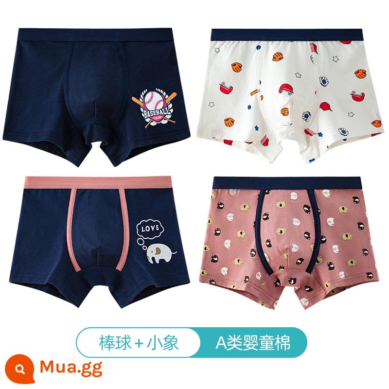 Quần lót trẻ em Langsha bé trai cotton nguyên chất thoáng khí bé trai cotton trung và lớn bé trai quần lót boxer 100%ZL - Bóng chày+Voi con