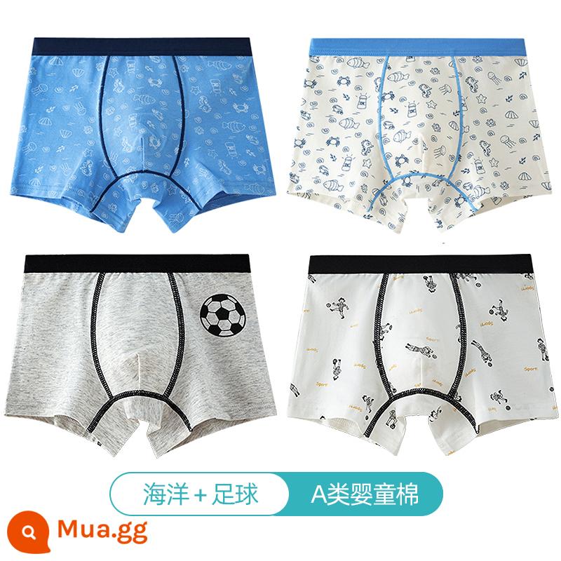 Quần lót trẻ em Langsha bé trai cotton nguyên chất thoáng khí bé trai cotton trung và lớn bé trai quần lót boxer 100%ZL - Đại dương+Bóng đá