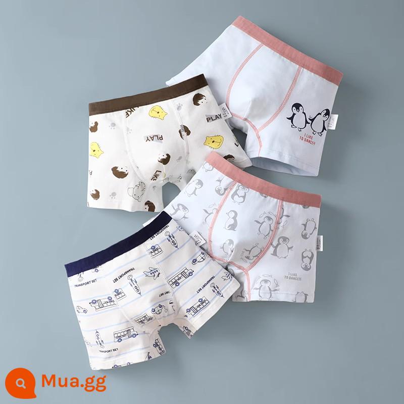 Quần lót trẻ em Langsha bé trai cotton nguyên chất thoáng khí bé trai cotton trung và lớn bé trai quần lót boxer 100%ZL - Chim cánh cụt+Tuổi thơ