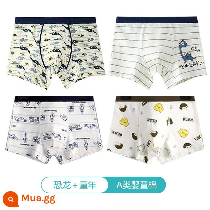 Quần lót trẻ em Langsha bé trai cotton nguyên chất thoáng khí bé trai cotton trung và lớn bé trai quần lót boxer 100%ZL - Khủng long + tuổi thơ