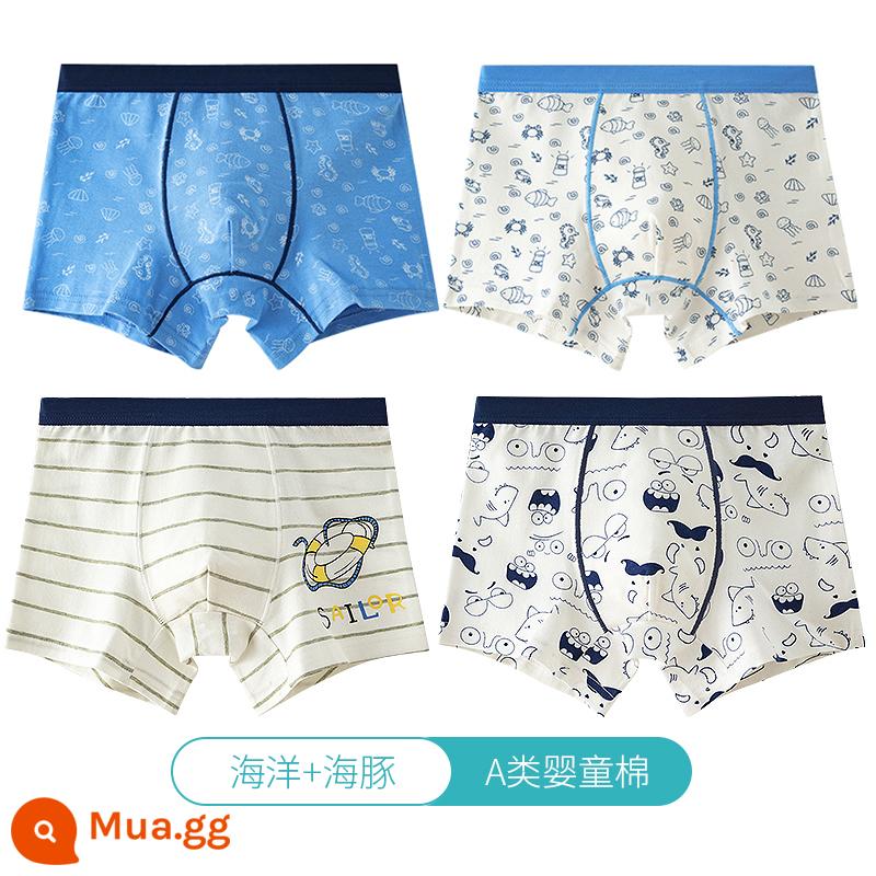 Quần lót trẻ em Langsha bé trai cotton nguyên chất thoáng khí bé trai cotton trung và lớn bé trai quần lót boxer 100%ZL - Đại dương + Cá heo