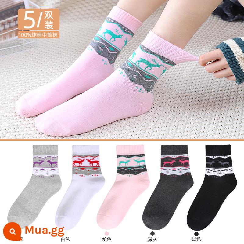 Vớ Langsha nam cotton nguyên chất mùa thu đông dày giữa ống Plus nhung ấm bông tất ống dài khăn sàn tất - Mẫu nữ 3158丨Xám nhạt 1 hồng 1 trắng 1 đen 1 xám đậm 1