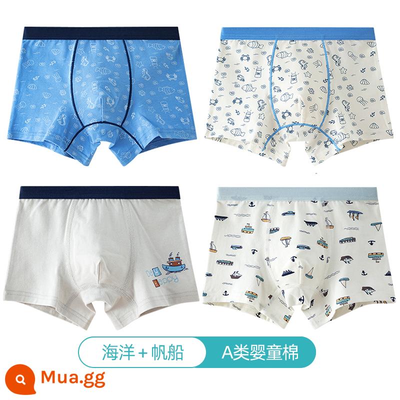 Quần lót trẻ em Langsha bé trai cotton nguyên chất thoáng khí bé trai cotton trung và lớn bé trai quần lót boxer 100%ZL - Đại dương + Thuyền buồm