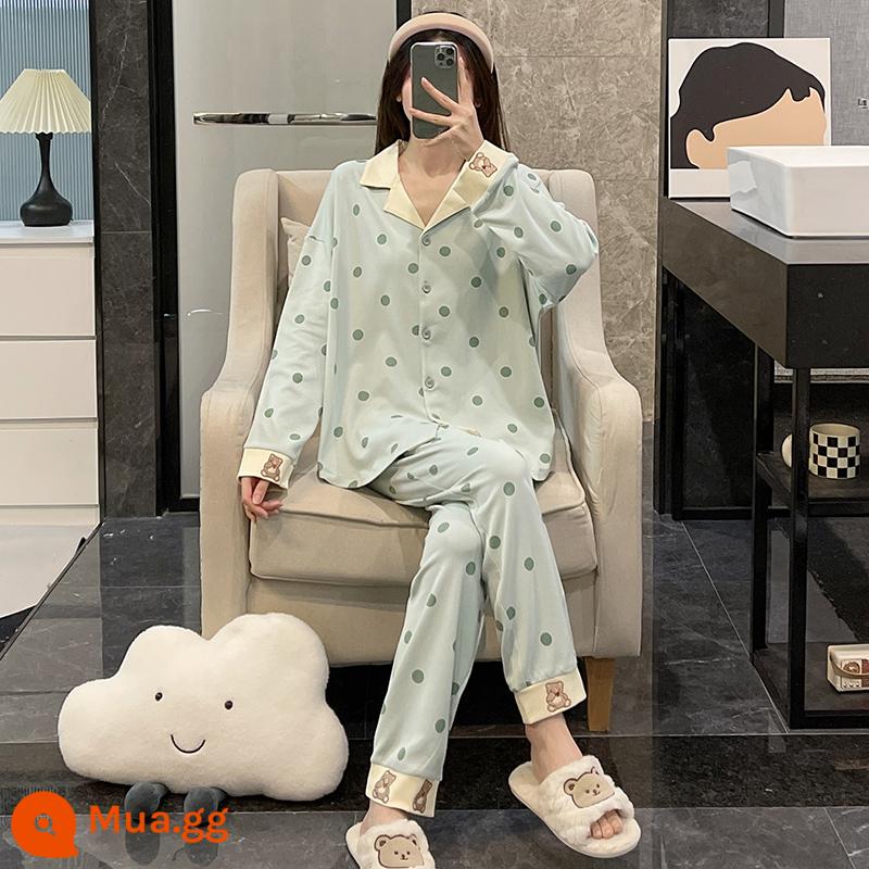 Bộ đồ ngủ nữ mùa xuân và mùa thu 2022 cotton dài tay cỡ lớn màu đen lưới đỏ phong cách áo khoác ngoài mùa đông phù hợp với dịch vụ tại nhà - Gấu Xanh Quân Đội DJ-1539 Gấu Chấm Bi