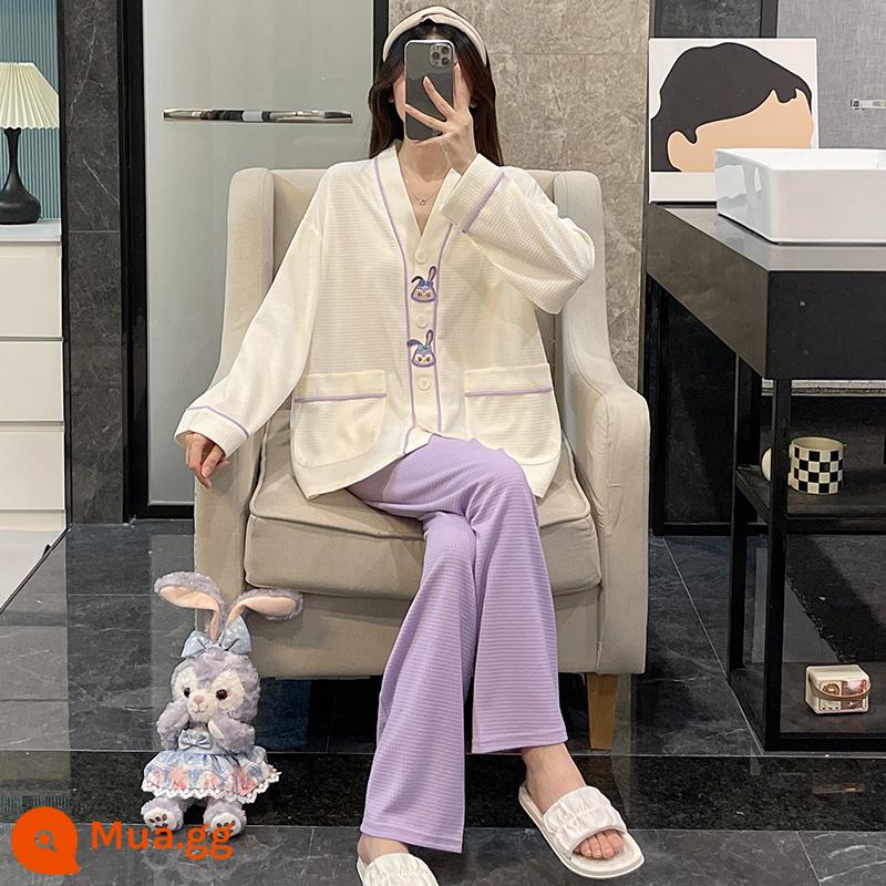 Bộ đồ ngủ nữ mùa xuân và mùa thu 2022 cotton dài tay cỡ lớn màu đen lưới đỏ phong cách áo khoác ngoài mùa đông phù hợp với dịch vụ tại nhà - Tím OA-S1359 Thỏ Tím