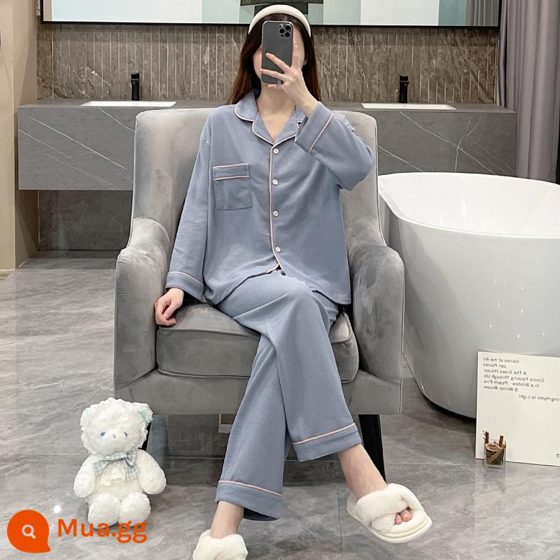 Bộ đồ ngủ nữ mùa xuân và mùa thu 2022 cotton dài tay cỡ lớn màu đen lưới đỏ phong cách áo khoác ngoài mùa đông phù hợp với dịch vụ tại nhà - WD-S1256-Xanh