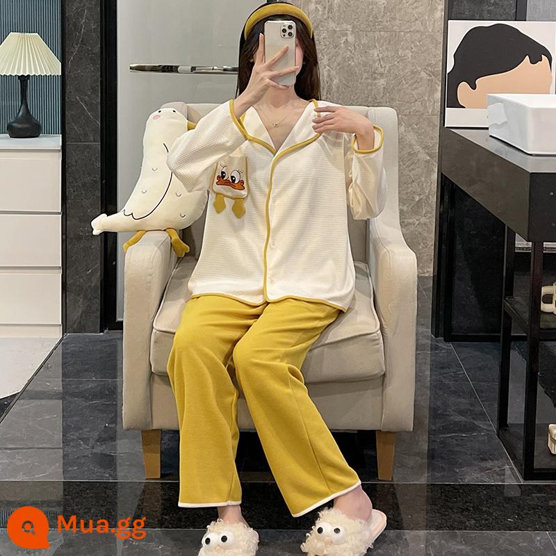 Bộ đồ ngủ nữ mùa xuân và mùa thu 2022 cotton dài tay cỡ lớn màu đen lưới đỏ phong cách áo khoác ngoài mùa đông phù hợp với dịch vụ tại nhà - Vịt vàng WD-S1231