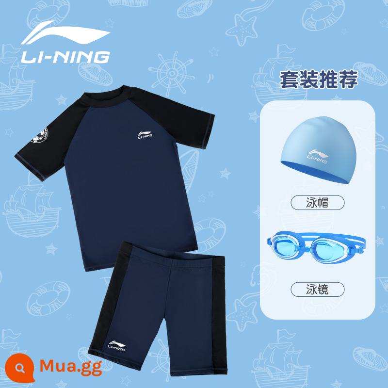 Đồ bơi trẻ em Li Ning bé trai hai mảnh 2022 quần bơi trẻ em trung và lớn mới chống nắng chuyên nghiệp đào tạo suối nước nóng bé trai - Xanh đen cổ điển + mũ bơi + kính bơi