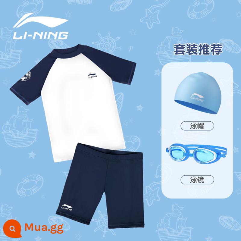 Đồ bơi trẻ em Li Ning bé trai hai mảnh 2022 quần bơi trẻ em trung và lớn mới chống nắng chuyên nghiệp đào tạo suối nước nóng bé trai - Xanh trắng cổ điển + mũ bơi + kính bơi