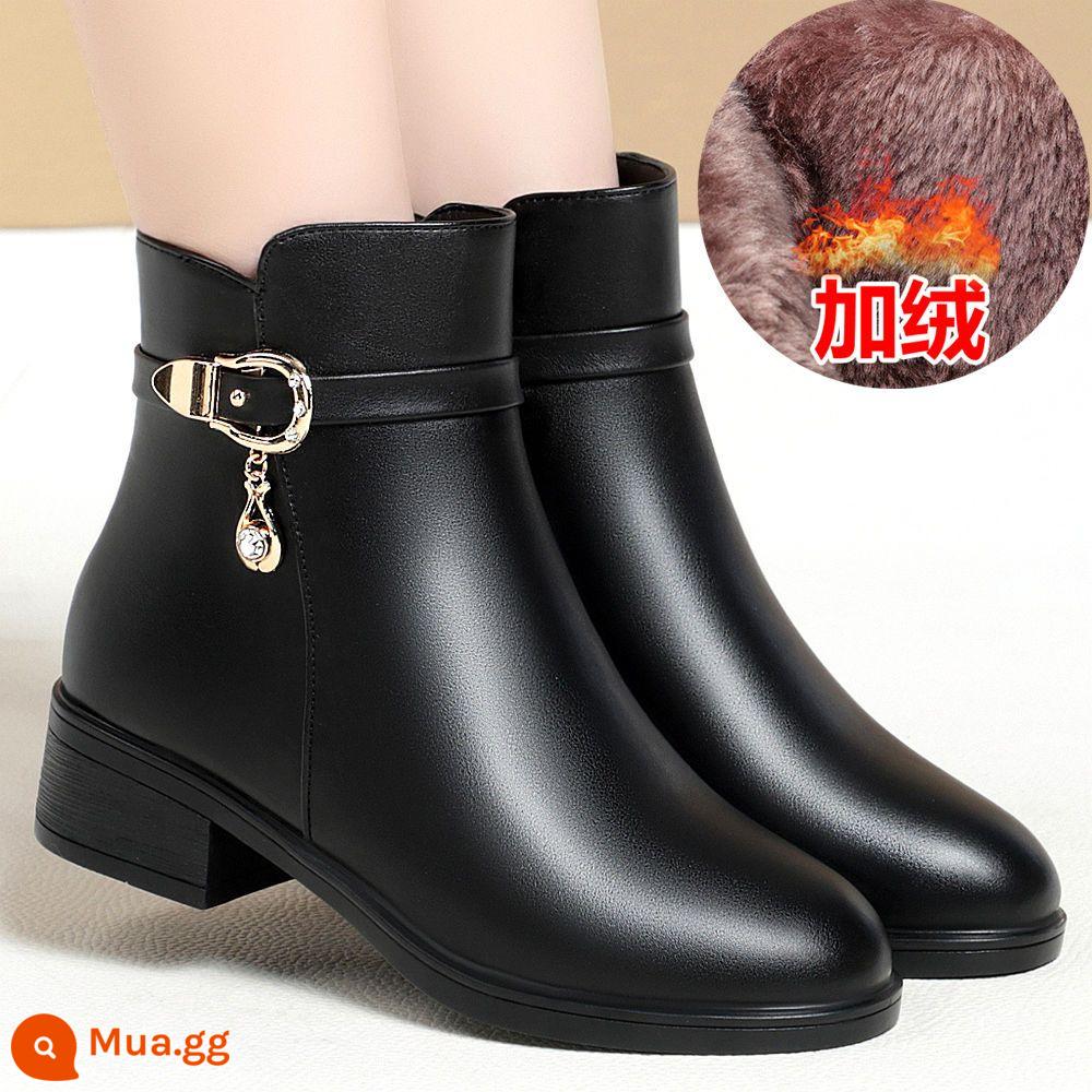 Mom Leather Short Boots Nữ cộng với nhung, Giày cao gót giày cao gót giày bông Nữ 2022 Mùa đông mới dày cộng với đôi giày cotton trẻ em - 9010 nhung đen, gót thấp 3cm