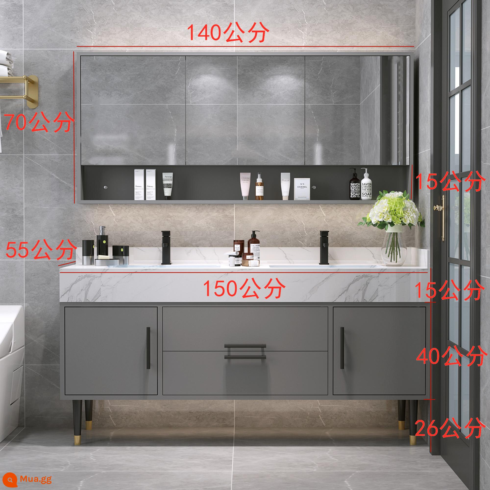 Ánh sáng sang trọng tấm đá kép -slot washbasin tủ phòng tắm kết hợp hiện đại phòng trang điểm tối giản hiện đại - Mặt bàn đá phiến 150 cm + chậu rửa đôi + tủ gương thông thường