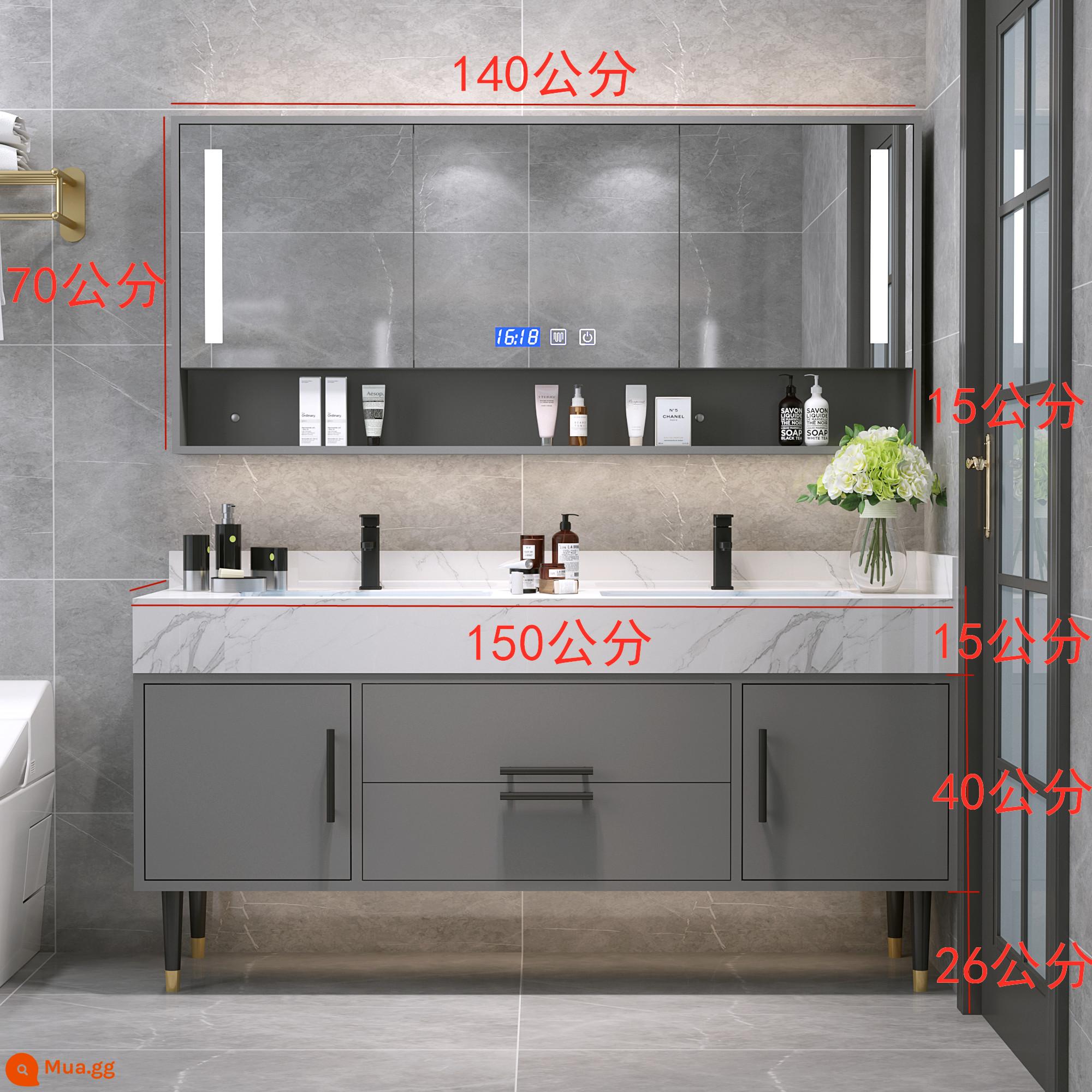 Ánh sáng sang trọng tấm đá kép -slot washbasin tủ phòng tắm kết hợp hiện đại phòng trang điểm tối giản hiện đại - Mặt bàn đá phiến 150 cm + chậu rửa đôi + tủ gương thông minh