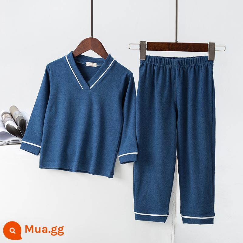 Bộ đồ trẻ em Derong mùa xuân, mùa thu và mùa đông lưới màu đỏ cho bé cotton nguyên chất dáng rộng dài phiên bản đồ ngủ phục vụ tại nhà trong bộ đồ trẻ em lớn cổ chữ V - màu xanh da trời