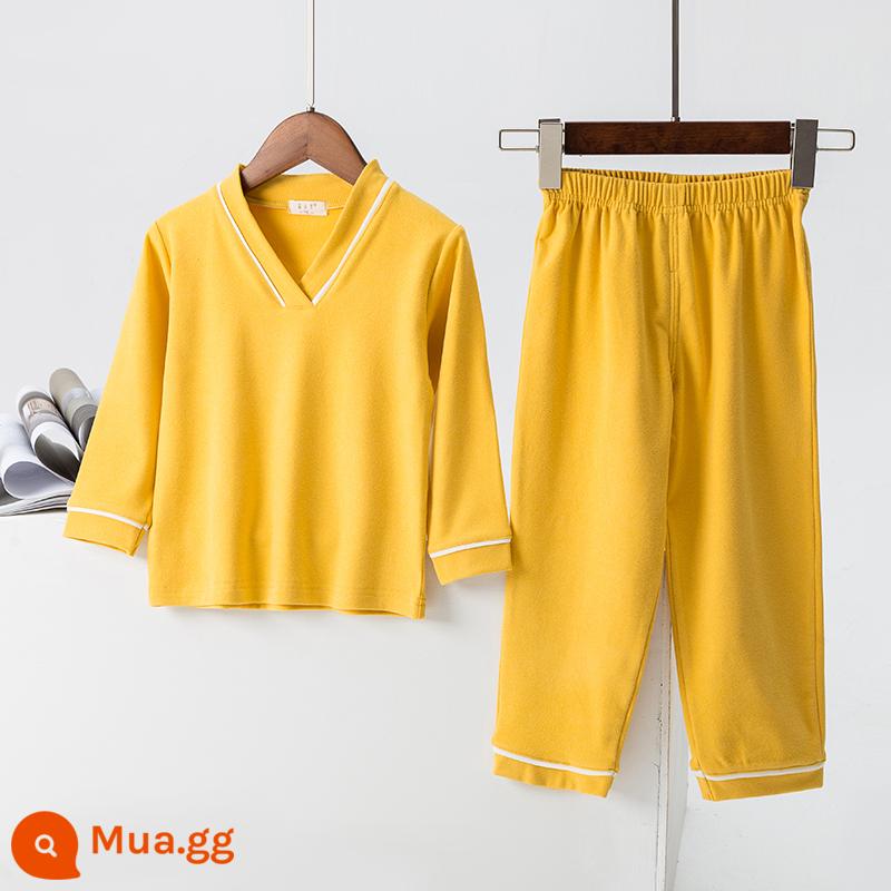 Bộ đồ trẻ em Derong mùa xuân, mùa thu và mùa đông lưới màu đỏ cho bé cotton nguyên chất dáng rộng dài phiên bản đồ ngủ phục vụ tại nhà trong bộ đồ trẻ em lớn cổ chữ V - màu vàng