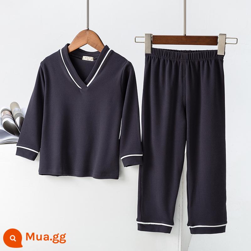 Bộ đồ trẻ em Derong mùa xuân, mùa thu và mùa đông lưới màu đỏ cho bé cotton nguyên chất dáng rộng dài phiên bản đồ ngủ phục vụ tại nhà trong bộ đồ trẻ em lớn cổ chữ V - than màu xám