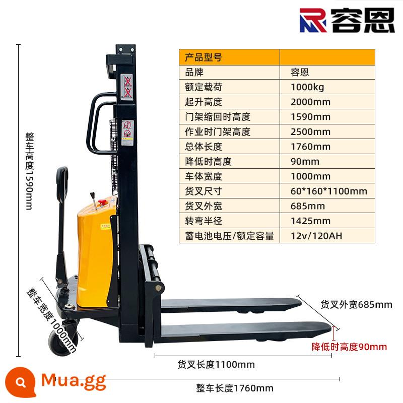 Xe nâng điện Rongen Xe nâng chạy hoàn toàn bằng điện 1,5 tấn Xe nâng bốc xếp thủy lực dùng pin sạc nhỏ 2T - Bán điện 1 tấn 2 mét