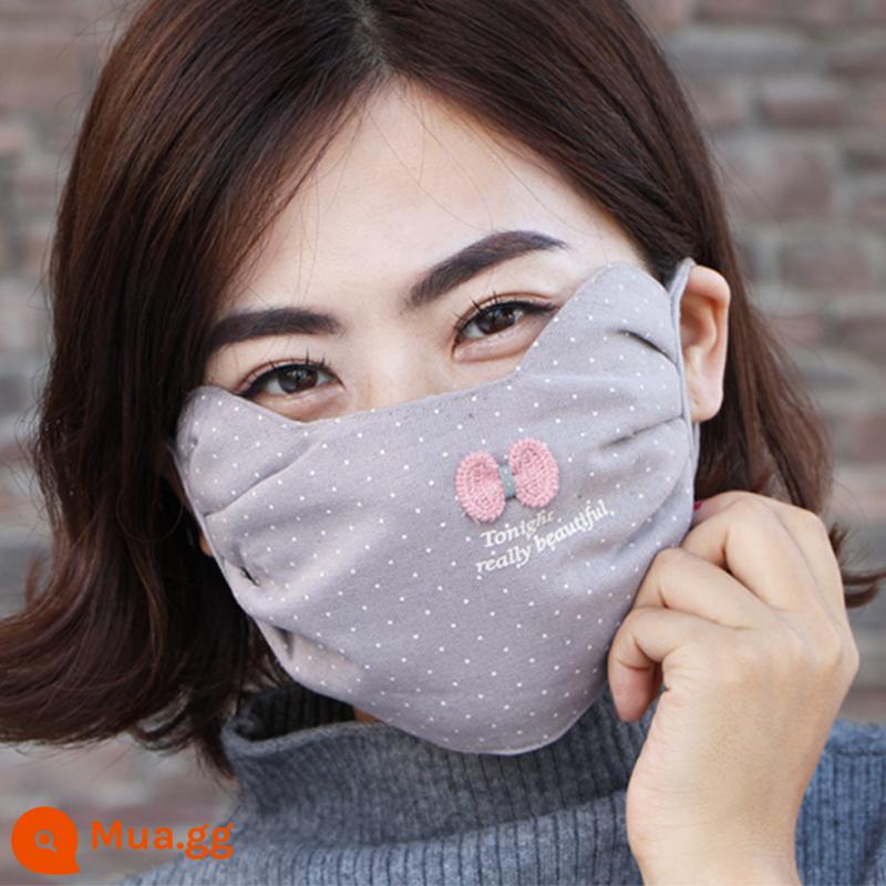 Mặt nạ nữ mùa đông dễ thương ấm áp và chống lạnh vải lanh cotton vải dày thoáng khí có thể giặt được góc mắt toàn mặt mùa đông - Nơ cotton và vải lanh màu xám