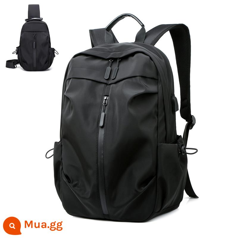 Backpack đơn giản của nam giới Hàn Quốc Máy tính du lịch không thấm nước bình thường - Túi vải nylon đen + đeo trước ngực [8395+1835]