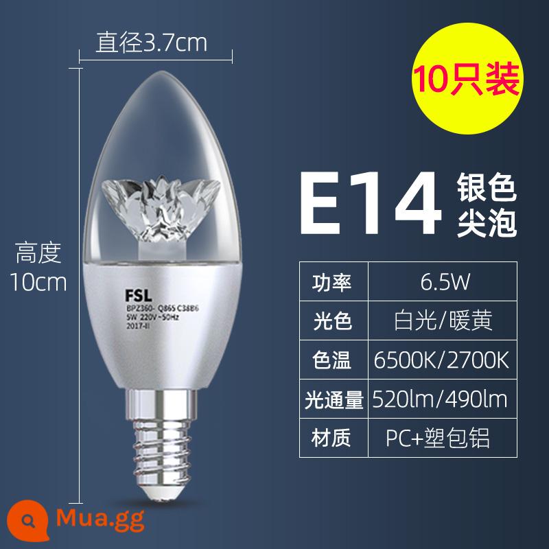 Phật Sơn Chiếu Sáng Bóng Đèn LED E27e14 Kích Thước Vít Đèn Chùm Đèn Hộ Gia Đình Siêu Sáng Tiết Kiệm Năng Lượng Đầu Bong Bóng Nến Bong Bóng - [Gói 10] Vít bong bóng đầu bạc 6,5W-E14