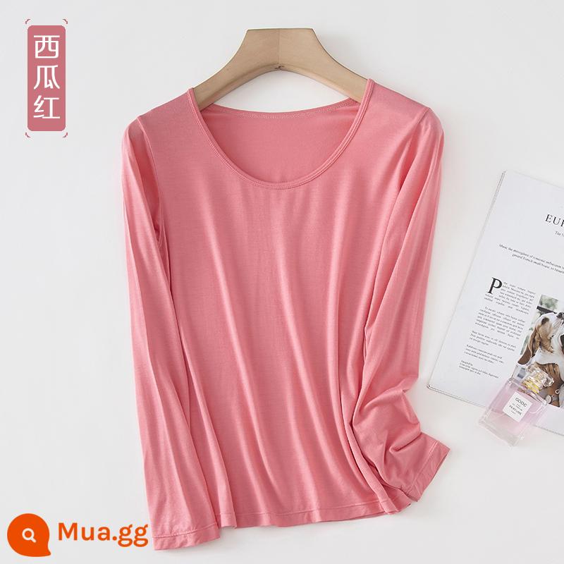 Áo sơ mi dưới phương thức phụ nữ mỏng manh -áo lót t -shirt đồ lót đơn của quần áo mùa thu mặc một chiếc áo sơ mi cổ tròn - Dưa hấu cắt mỏng màu đỏ