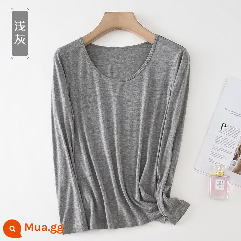 Áo sơ mi dưới phương thức phụ nữ mỏng manh -áo lót t -shirt đồ lót đơn của quần áo mùa thu mặc một chiếc áo sơ mi cổ tròn - Phần mỏng màu xám nhạt