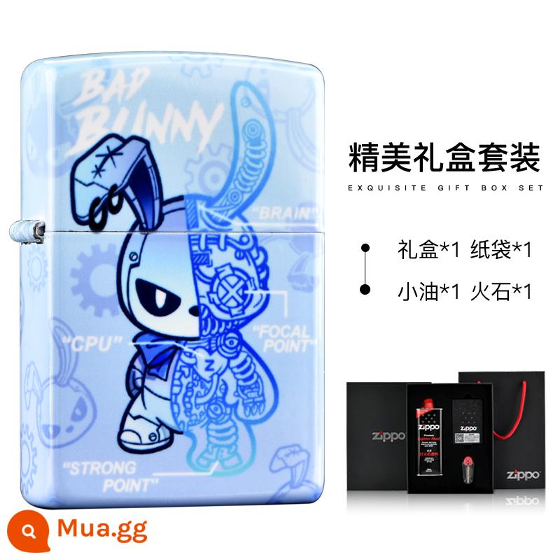 Bật lửa Zippo chính hãng chính hãng in màu thủy triều chơi dây kéo thỏ hoạt hình Quà tặng Zippo chính hãng cho bạn trai - Thỏ thời thượng-Xanh trắng (Bộ hộp quà)