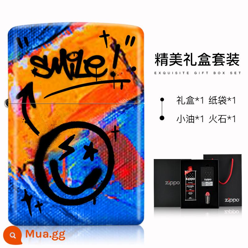 Bật lửa Zippo chính hãng chính hãng cầu vồng graffiti mặt cười dây kéo chính hãng Trang web chính thức Zippo gửi bạn trai - Mực Tung Tóe Mặt Cười-Đen (Bộ Hộp Quà)