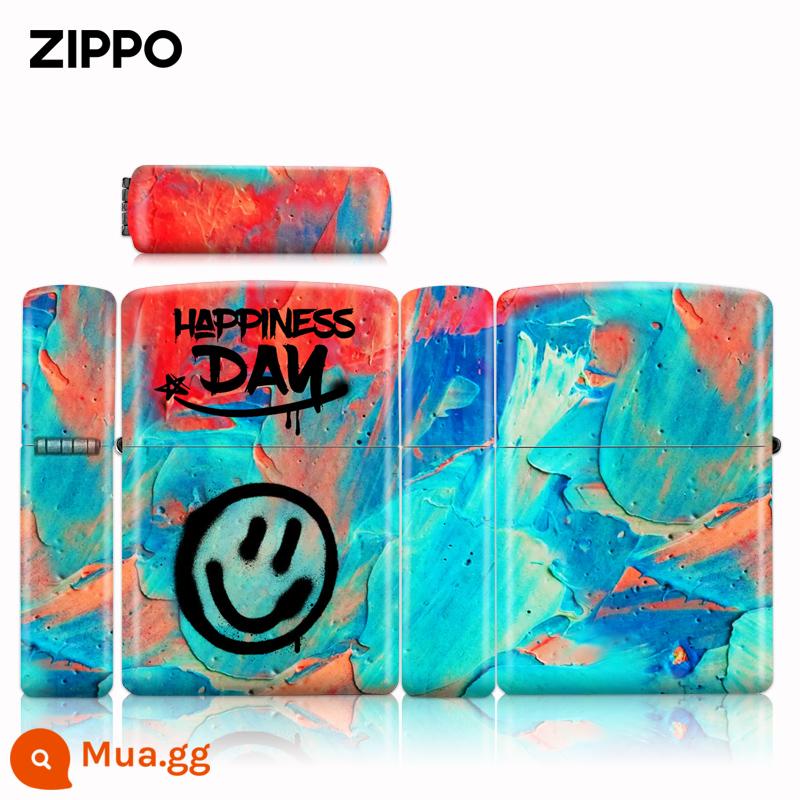 Bật lửa Zippo chính hãng chính hãng cầu vồng graffiti mặt cười dây kéo chính hãng Trang web chính thức Zippo gửi bạn trai - Màu đen đầy màu sắc (máy đơn không chứa dầu)