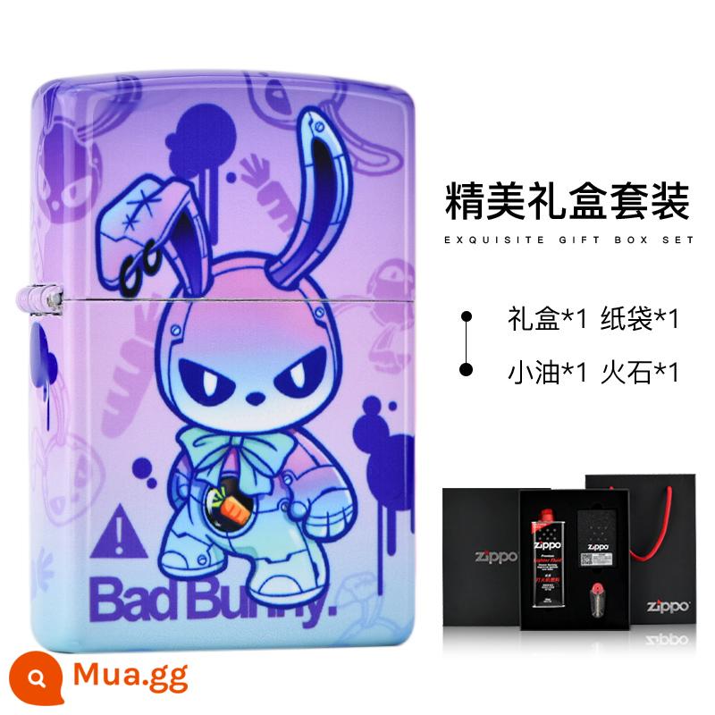 Bật lửa Zippo chính hãng chính hãng in màu thủy triều chơi dây kéo thỏ hoạt hình Quà tặng Zippo chính hãng cho bạn trai - Thỏ-Tím Hợp Thời Trang (Bộ Hộp Quà)