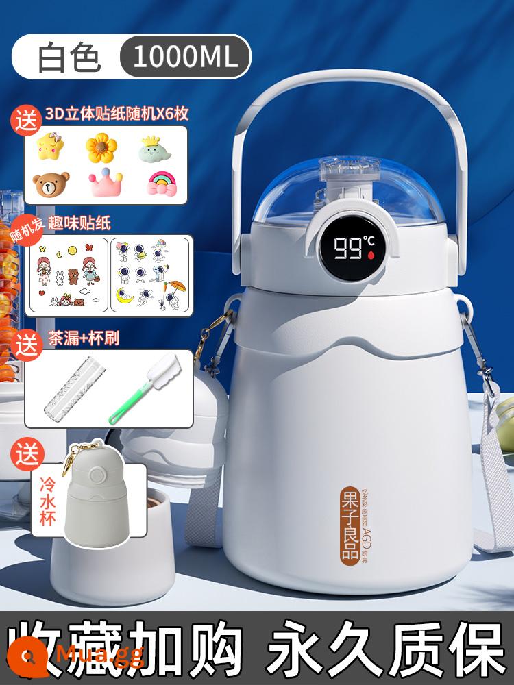 Cúp bụng lớn Cúp cách nhiệt Cup Girl Cup 2022 Trẻ em mới cách nhiệt Nước Cúp nước nam Kettles Kettles Công suất lớn - Trắng + Cốc mẹ-to-Mate 1.0L [Cách nhiệt mạnh] Nhãn dán miễn phí + Bàn chải cốc