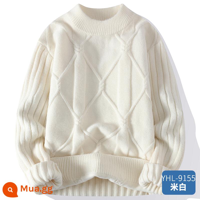 Áo len cổ tròn nam mùa thu đông rộng dày ấm cashmere bên trong áo khoác màu trơn phong cách lười biếng len dệt kim áo len - YHL-9155 màu trắng nhạt