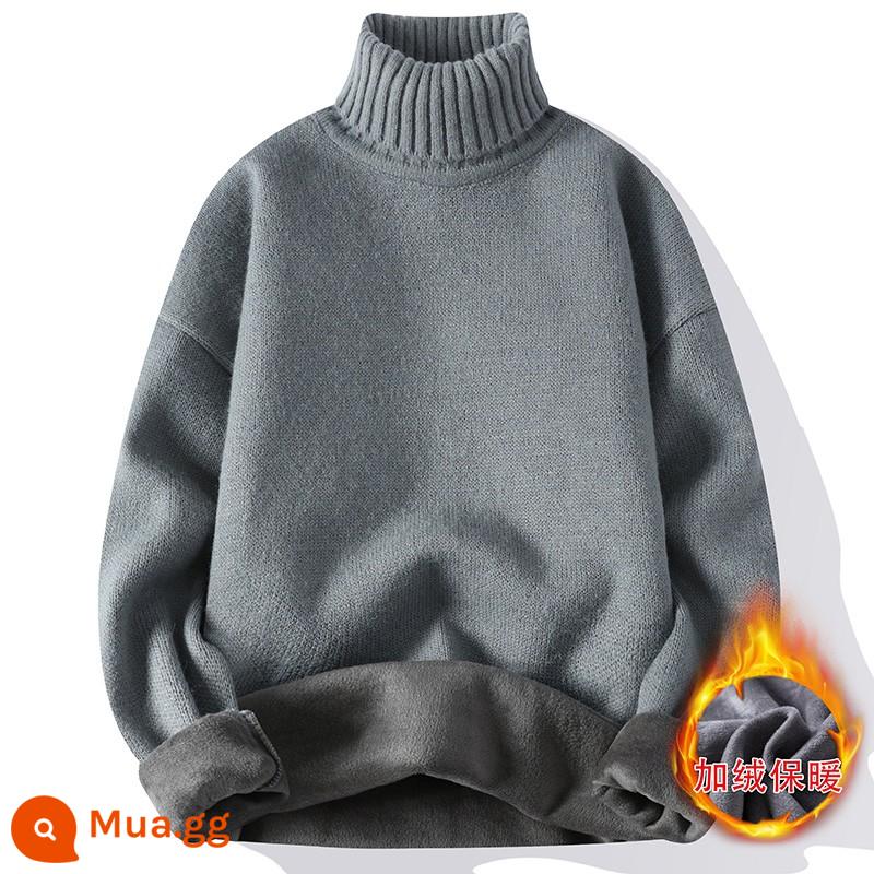 Áo len cashmere nam mùa thu đông cổ rộng nửa cao ấm áp đơn giản cộng với áo sơ mi đáy dệt kim dày nhung - 5202 màu xám