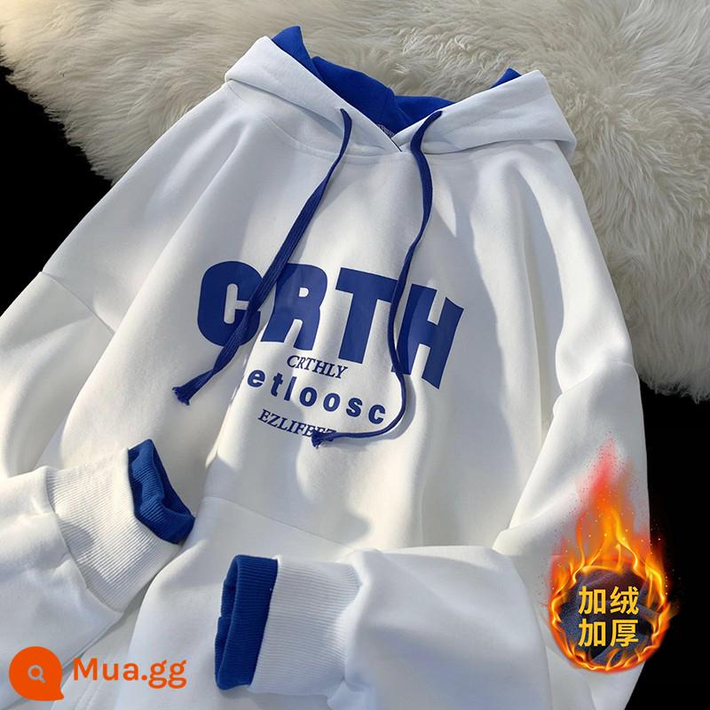 Giả Hai Mảnh Nặng Hoodie Nam Thu Đông Mỹ Triều Thương Hiệu Plus Nhung Dày Oversize Áo Khoác Cặp Đôi - Nhung trắng