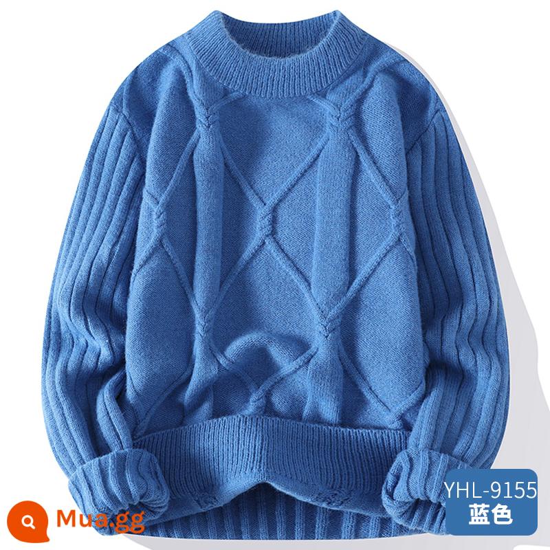 Áo len cổ tròn nam mùa thu đông rộng dày ấm cashmere bên trong áo khoác màu trơn phong cách lười biếng len dệt kim áo len - YHL-9155 màu xanh