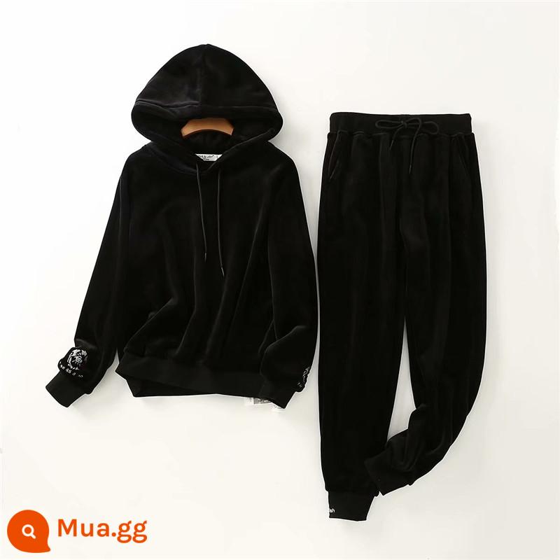 BANA mùa đông size lớn nữ và gió thêu nhung 2 mặt dày hoodie quần 2 bộ đồ thể thao - đen