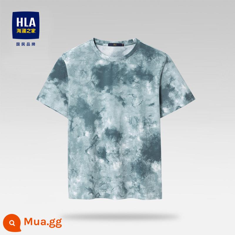 HLA/Hailan House Áo thun ngắn tay cổ tròn cotton nguyên chất mùa hè thoáng mát in hình cotton thoải mái thoáng khí Áo thun nam hàng đầu - Hoa văn màu xám xanh F5 77% cotton 23% sợi polyester