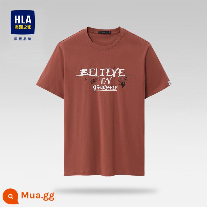 HLA/Hailan House Áo thun ngắn tay cổ tròn cotton nguyên chất mùa hè thoáng mát in hình cotton thoải mái thoáng khí Áo thun nam hàng đầu - Hoa văn đỏ gạch L4 100% cotton