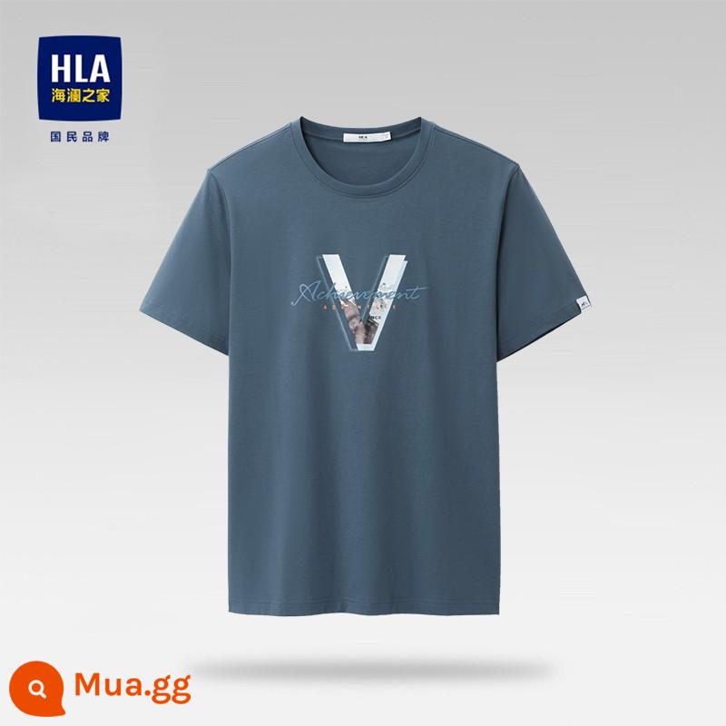 HLA/Hailan House Áo thun ngắn tay cổ tròn cotton nguyên chất mùa hè thoáng mát in hình cotton thoải mái thoáng khí Áo thun nam hàng đầu - Hoa văn màu xanh vừa J5 86% cotton 14% polyester