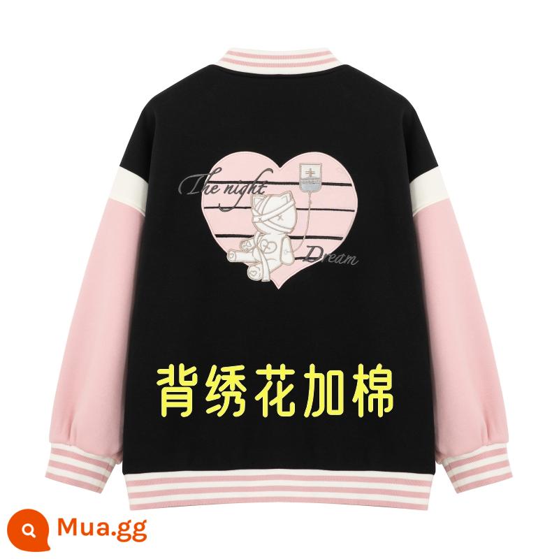 Nửa thìa đường chính hãng [Bộ đồ bóng chày Mỹ] chính hãng JK áo khoác xuân thu đông áo len vest váy - [Black Pink] Phía sau thêu và cotton (đơn chiếc) Đính vải cao cấp phía sau