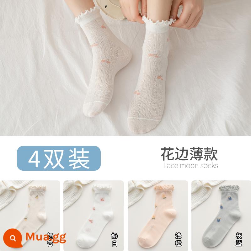 Vớ rời miệng giam mùa hè cotton mỏng vớ bà bầu 6 bà bầu xuân thu ống dài 5 mùa hè nữ mùa xuân mỏng sau sinh mùa hè - [4 đôi ren] 1 xanh xám 1 trắng sữa 1 mơ sữa 1 cam nhạt