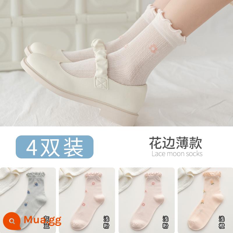 Vớ rời miệng giam mùa hè cotton mỏng vớ bà bầu 6 bà bầu xuân thu ống dài 5 mùa hè nữ mùa xuân mỏng sau sinh mùa hè - [4 đôi ren] 2 hồng nhạt 1 xanh xám 1 cam nhạt