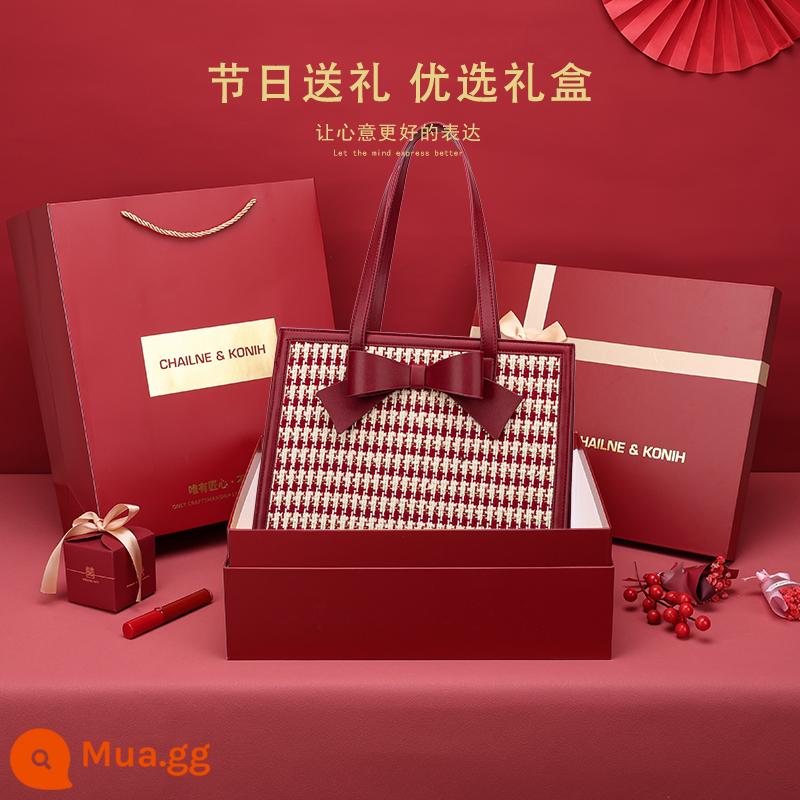 Túi cưới màu đỏ dành cho nữ 2023 mới houndstooth cao cấp sức chứa lớn túi tote đeo vai cô dâu túi đựng đám cưới - Răng chó săn đỏ + hộp quà đỏ hộp quà + túi quà + khăn lụa