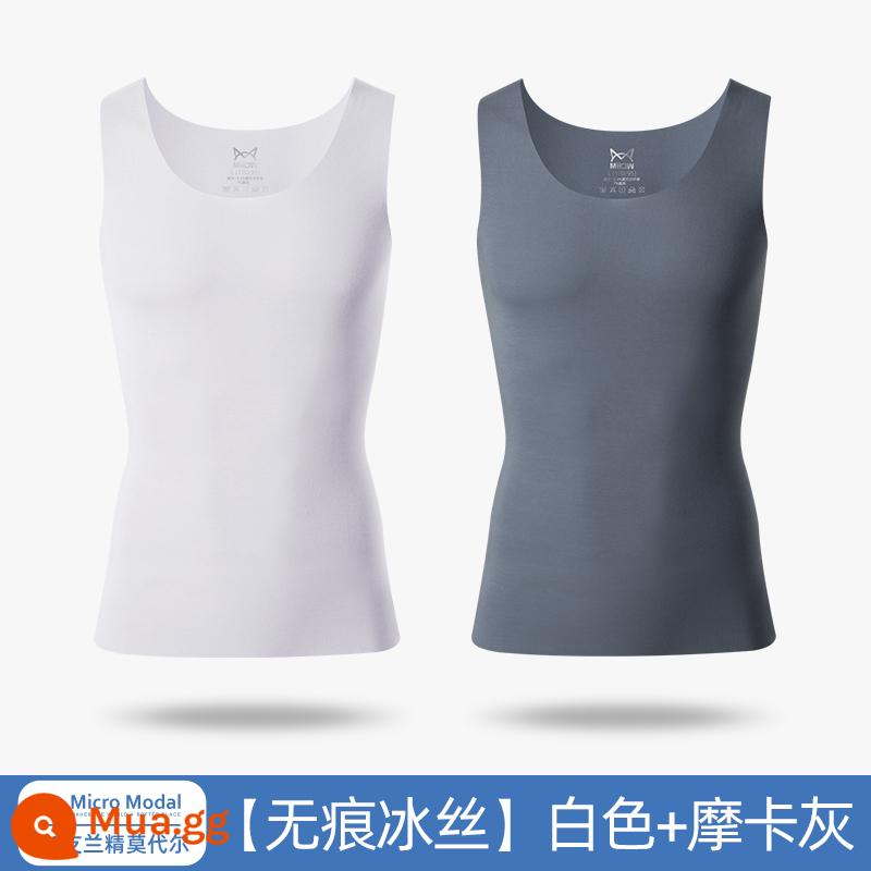 Catman liền mạch vest mỏng nam mặc bên trong lụa băng phương thức thể thao vượt chướng ngại vật nhanh khô áo lót nam có đáy - Gói hai mảnh lụa băng không dấu vết [trắng + xám mocha]