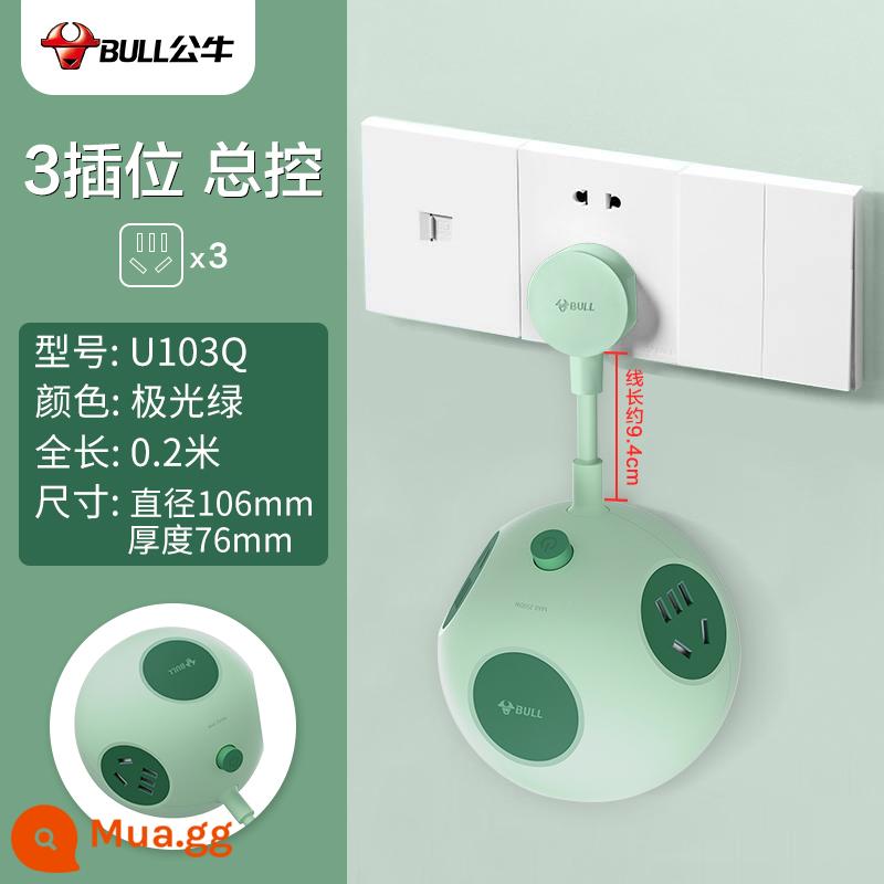 Bull Ổ cắm khối lập phương Rubik với giao diện usb sạc nhanh đa chức năng hộ gia đình dọc bảng dây cắm hàng bảng có dây - Model Planet [3 phích cắm-0,2 mét] Aurora Green U103Q