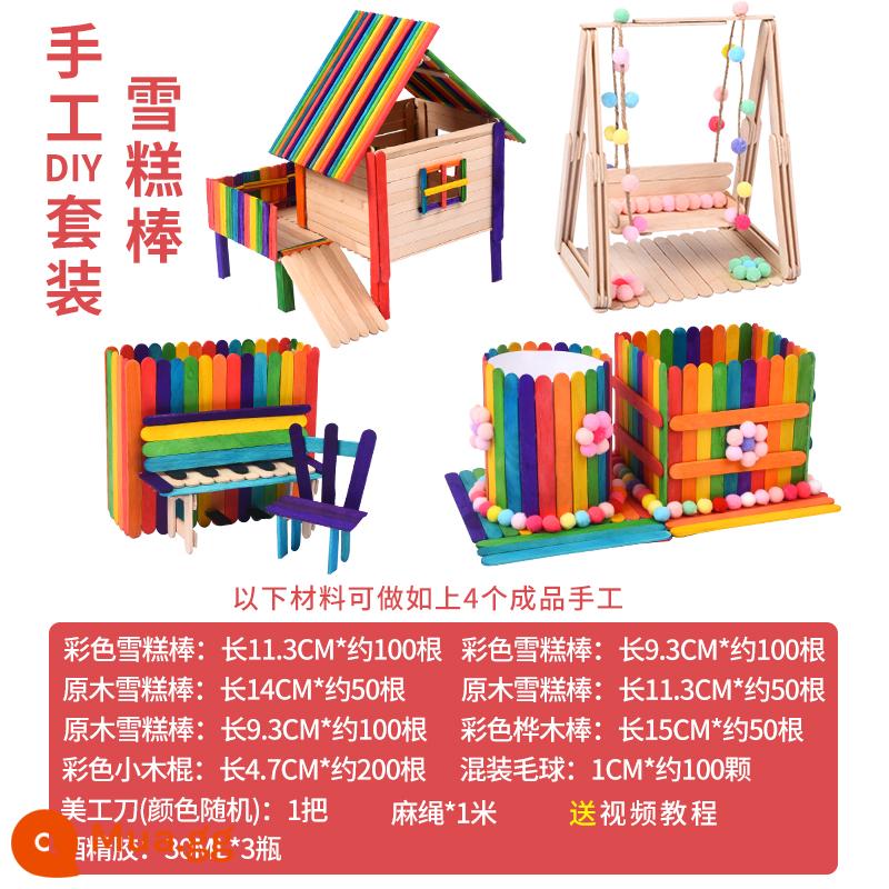 Gốc tóc xoắn dính DIY giả nhung hoa mẫu giáo nhiều màu sắc sang trọng bóng tóc bóng trẻ em tự làm thủ công chất liệu gói - Bộ 4 loại nguyên liệu kết hợp que kem tự làm kèm hướng dẫn