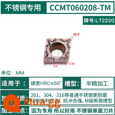 Chu Châu CNC lưỡi kim cương CCMT09T304 thép không gỉ lỗ bên trong xe lưỡi máy tiện 09t308 nhàm chán dao ngũ cốc - CCMT060208-TM-LT2220