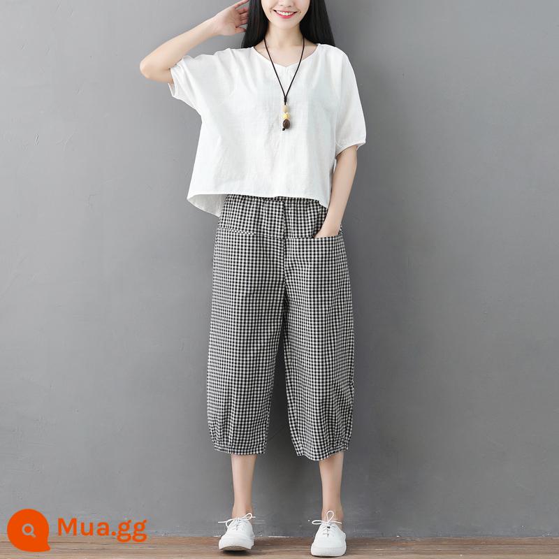 Bộ đồ cotton và vải lanh thời trang dành cho nữ mùa hè văn học nghệ thuật mới cỡ lớn mỏng và nhỏ Bộ đồ hai mảnh bằng vải lanh thông thường kiểu phương Tây mỏng - Quần trắng + kẻ sọc